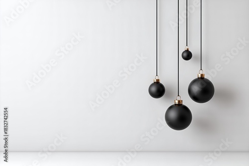 Minimalist Black Christmas Baubles Hanging On White Background For Holiday Decor Banner Mockup