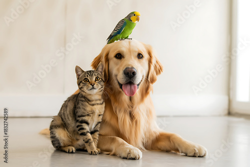 Golden Retriever Cat and Budgie on Head stock image