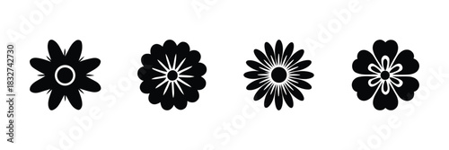 A collection of minimalist black flower silhouette icons for graphic design elements