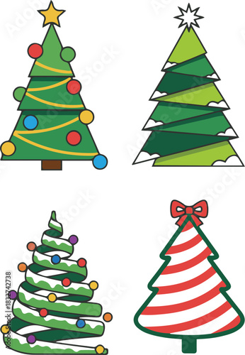 A charming set of four stylized cartoon Christmas trees, each with unique decorations such as lights, snow, stars, baubles, and candy cane stripes, in various green tones.