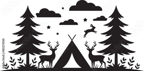 A striking black silhouette illustration featuring a deer standing gracefully beside a cozy camping scene.