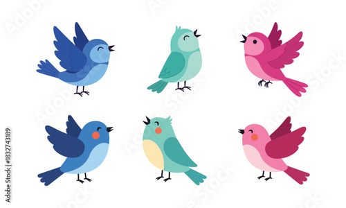 Cute cartoon birds in different poses and colors singing