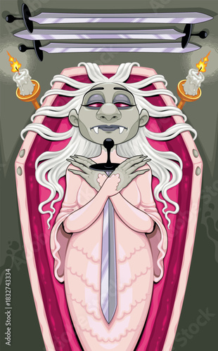 A funny vampire wakes up in his coffin. Vector cartoon horror illustration.
