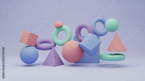 matte 3D geometric objects floating on soft pastel background, minimal composition, abstract design asset, perfect for layouts