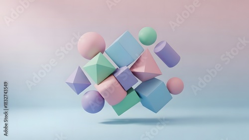 matte 3D geometric objects floating on soft pastel background, minimal composition, abstract design asset, perfect for layouts