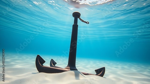 taut. A heavy rusted iron anchor embedded in sandy seabed with a taut chain leading upwards. mobility guides, transit brochures, designed for mobility and urban transit guides.