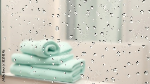moisture. Water droplets on mirror with neatly arranged mint green towels. lifestyle magazines, social media lookbooks, designed for lifestyle magazines and social media content.