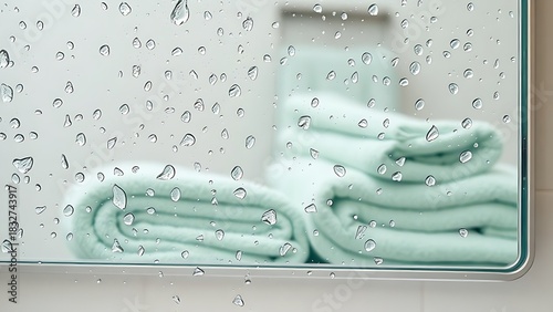 moisture. Water droplets on mirror with neatly arranged mint green towels. lifestyle magazines, social media lookbooks, designed for lifestyle magazines and social media content.