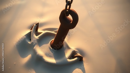 taut. A heavy rusted iron anchor embedded in sandy seabed with a taut chain leading upwards. mobility guides, transit brochures, designed for mobility and urban transit guides.