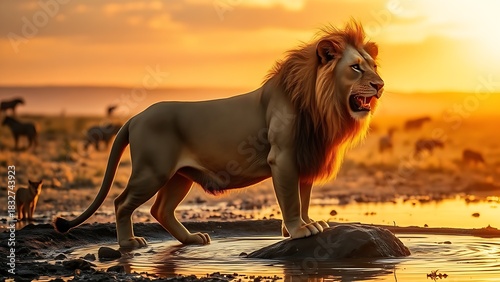 waterhole. A lion stands by a water source as other animals watch from afar during golden hour. wildlife magazines, conservation campaigns, designed for eco-tourism storytelling.