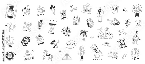 History doodles hand drawn objects and characters for kids education , isolated vector elements