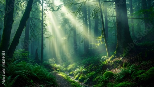 mysterious foggy forest, lush green tones, atmospheric lighting, calming nature scenery, cinematic aesthetic