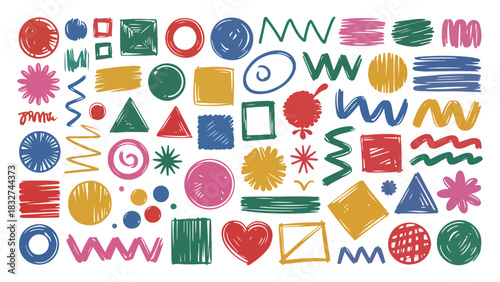 Bild auf Leinwand Collection of colorful hand drawn doodle shapes and abstract elements like circl