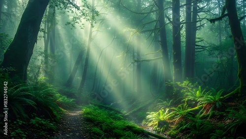 mysterious foggy forest, lush green tones, atmospheric lighting, calming nature scenery, cinematic aesthetic
