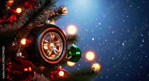 Car wheel ornament on a Christmas tree. Automotive industry gift idea for Christmas and New Year. Holiday winter auto concept.
