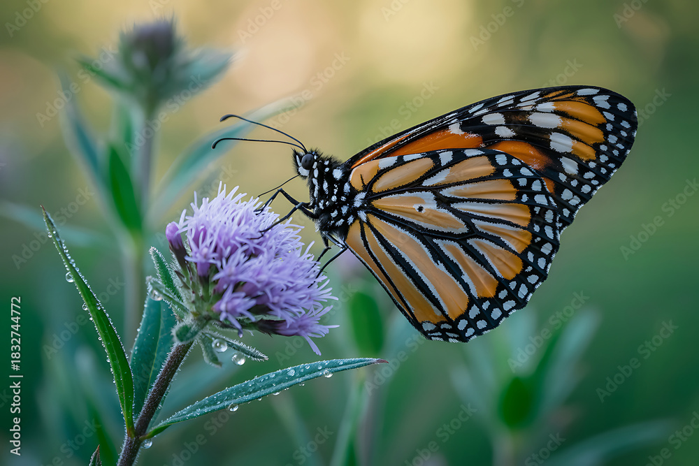Fototapeta premium Monarch butterfly on dew-covered purple flower insect