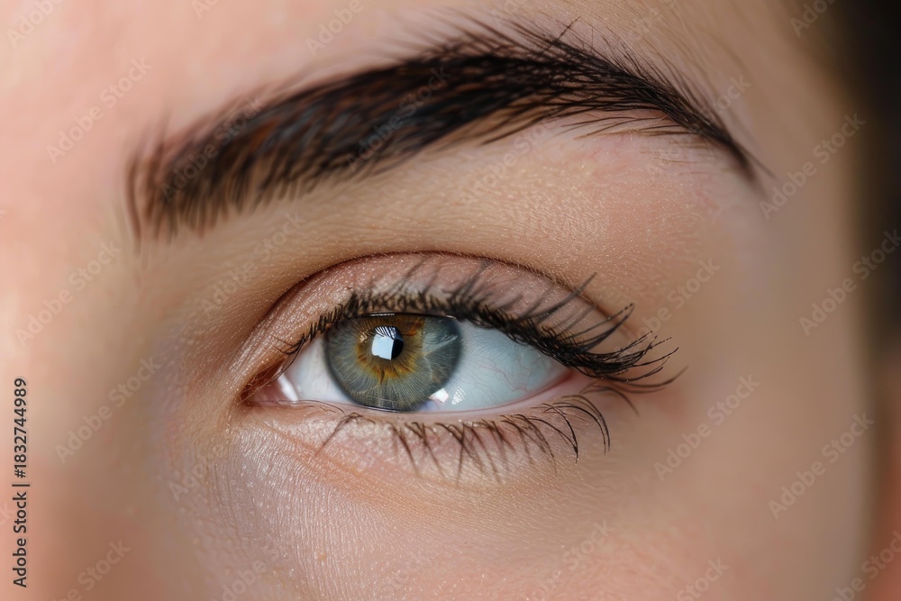 Obraz premium Woman is showing beautiful green eye with long black lashes and perfect eyebrow makeup