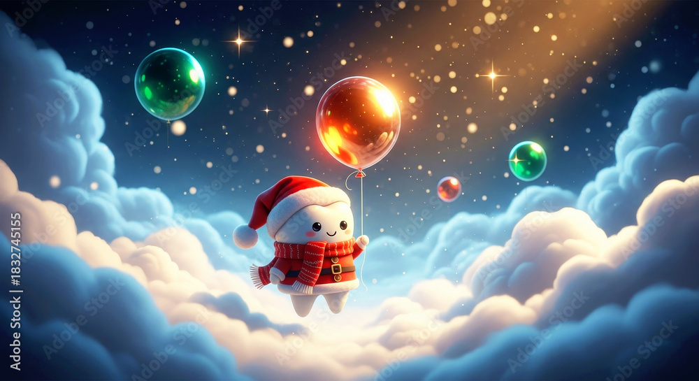 Naklejka premium Cute santa character holding a shiny red balloon, floating above clouds on a snowy night. Christmas fantasy background for holiday greeting card.