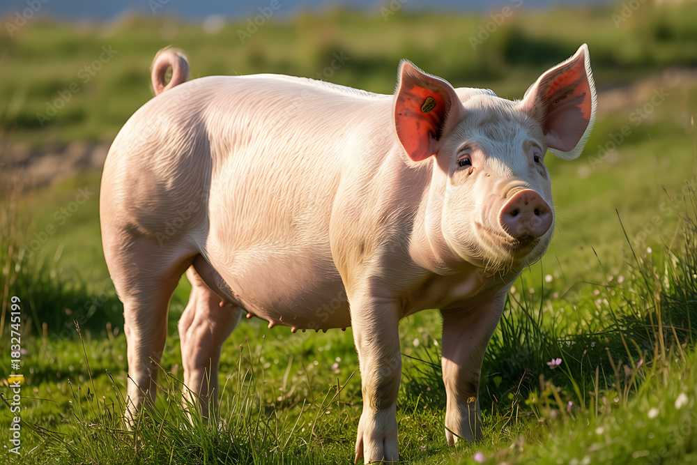 Fototapeta premium Pink Pig Standing in a Grassy Field on a Sunny Day