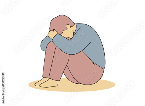 Person Huddled in Distress with Knees Drawn to Chest Wearing Light Blue Long Sleeve Shirt and Tan Pants Sitting on Light Yellow Circle Against Black Background Minimalist Flat Vector Illustration