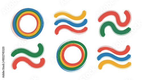 Set of six abstract colorful brush stroke design elements including circles and wavy lines in vibrant primary and secondary colors