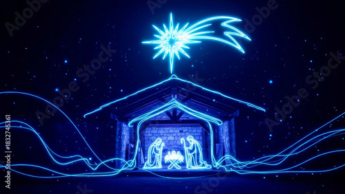 Neon nativity scene with shining star. Birth of Jesus Christ symbol. Modern Christmas greeting card background. Blue glow light art design.