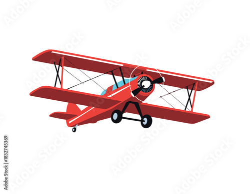 Red Biplane Aircraft Flying Against A Black Background Isolated Detailed Vector Illustration