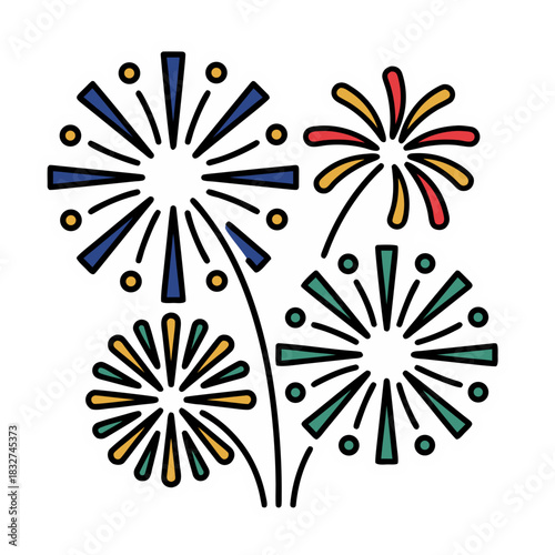 Festive Firework Bursts in Multiple Colors Against a Transparent Background Sticker Art Style