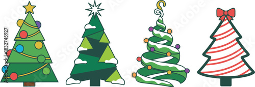 A charming horizontal set of four stylized cartoon Christmas trees, each distinctively decorated with elements like baubles, stars, snow, lights, and candy cane stripes.