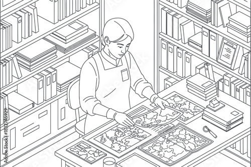 Isometric Line Art Illustration of Woman Studying Geographic Maps in Library or Archive