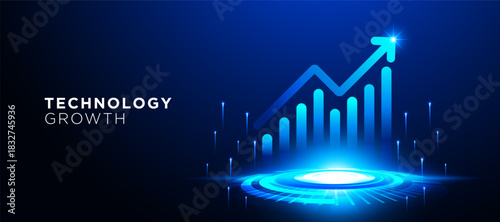 Technology growth vector banner showcasing a glowing upward graph and futuristic digital platform. dark blue background. business innovation, tech presentations, data analytics, cover, banner