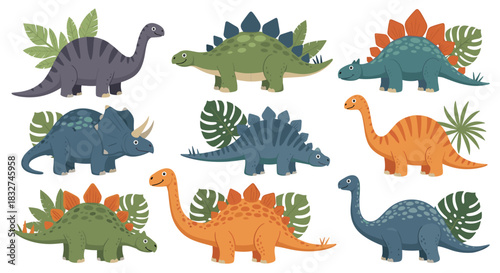 A collection of cute cartoon dinosaurs of various species and colors, illustrated with tropical leaves on a white background.