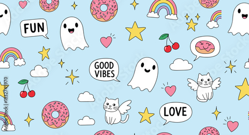 Cute cartoon seamless pattern with ghosts, donuts, rainbows, cats and hearts on a blue background.
