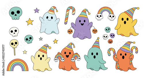 Whimsical pastel Halloween ghosts in party hats with playful expressions, surrounded by festive candy canes, skulls, and rainbows.