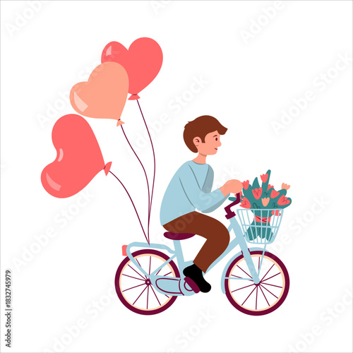 Man riding blue bicycle and holding red heart balloons and flower. Happy Valentine's Day. Colorful vector illustration isolate on white , hand drawn flat illustration for card and web design .