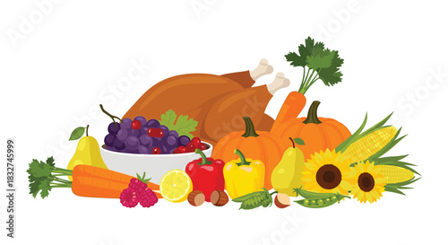 A colorful array of Thanksgiving harvest foods with a roasted turkey, seasonal fruits, and vegetables arranged on a white background.