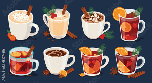 A collection of hot beverages and festive drinks for winter celebrations.