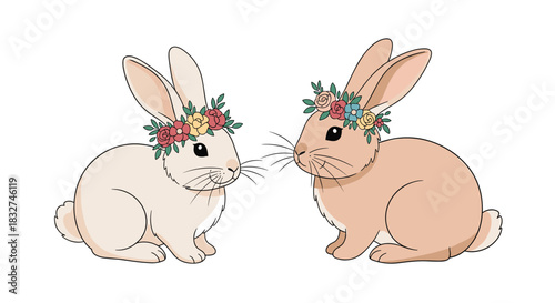 Two adorable bunnies wearing floral crowns on their heads for a whimsical touch.