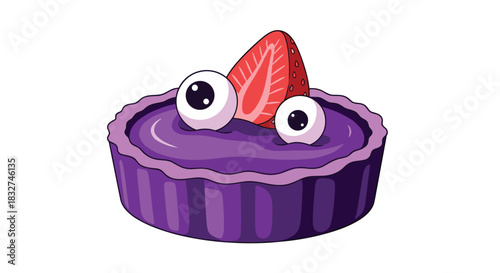 A whimsical purple tart with googly eyes and a strawberry topping.