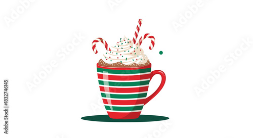 A festive mug filled with rich hot chocolate topped with whipped cream and candy canes.