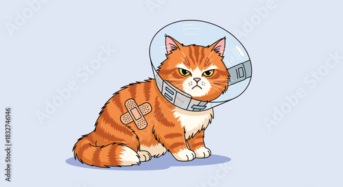 A grumpy orange tabby cat wearing a cone of shame and bandages sits patiently waiting for recovery.