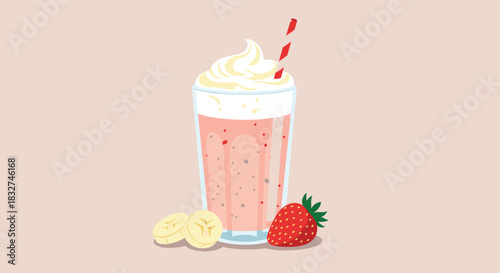 A delicious strawberry banana milkshake with whipped cream and a straw.