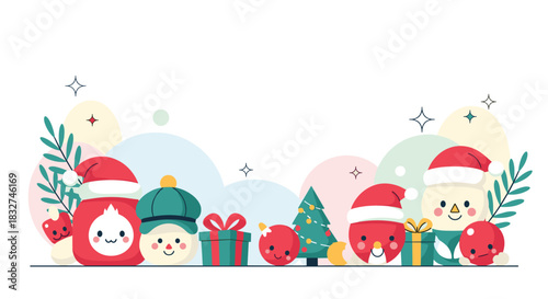 A collection of adorable christmas characters and festive elements in a playful arrangement.