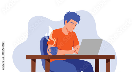 Young man focused on his laptop with a steaming mug of coffee on his desk.