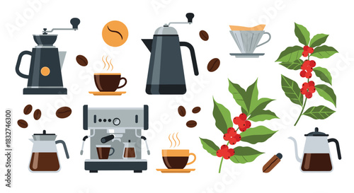 A collection of various coffee brewing tools and coffee beans.