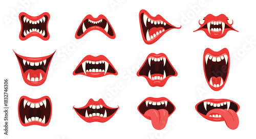 Collection of scary vampire mouth illustrations with sharp fangs and red lips showing various expressions.