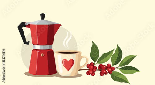 A steaming cup of coffee sits beside a red moka pot and a sprig of coffee beans.