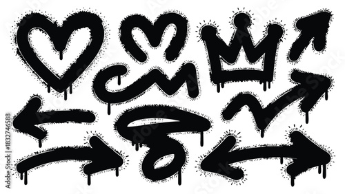 Collection of black graffiti spray paint symbols including heart, crown, and various arrow shapes, for modern street art design element