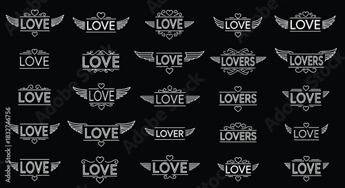 Collection of romantic logos and emblems featuring the word love and wings.