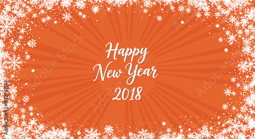 Happy new year 2018 greeting with snowflakes and sunburst background.